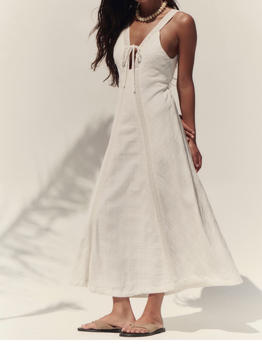 Free People Cream Lace-Trim Tie-Front Maxi Dress